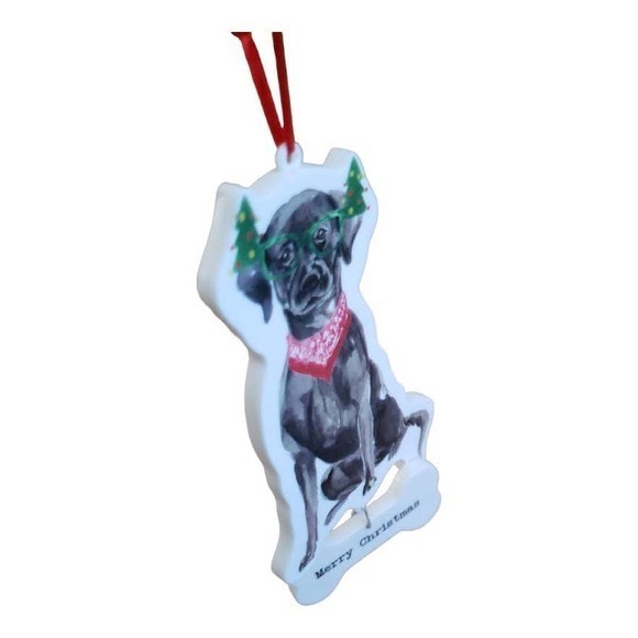 Black Lab Happy Howlidays Christmas Ornament with bone hanging 5" x 3", White - Picture 3 of 5